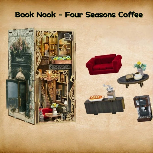 Seitliche Ansicht des Book Nook - Four Seasons Coffee mit gut sichtbaren Elementen