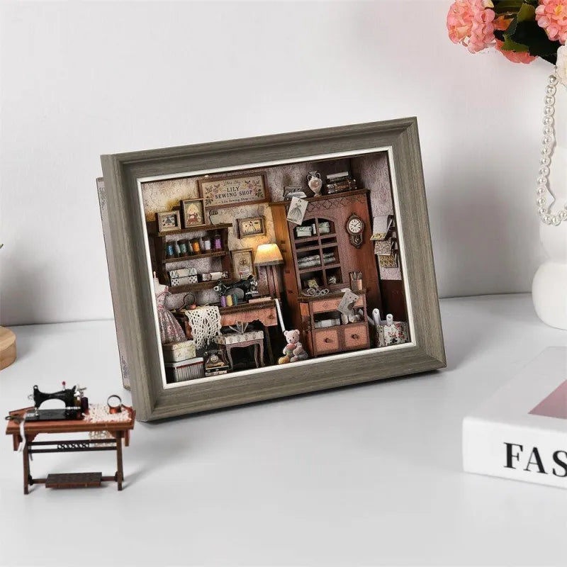 Side view of the Book Nook Kit - Lily Sewing Shop with clearly visible elements