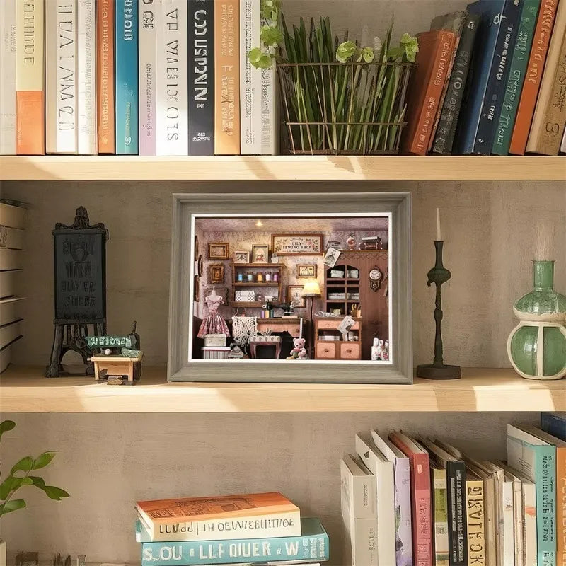 Book Nook Kit - Lily Sewing Shop decoratively placed on a desk