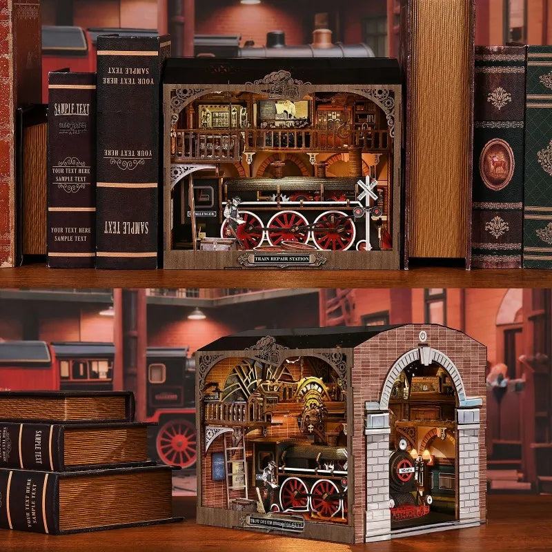 Book Nook - Train Repair Station decoratively placed on a desk