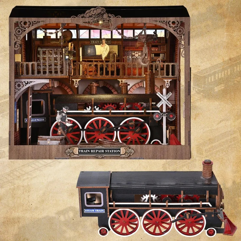 Close-up of the Book Nook - Train Repair Station with rich detailing