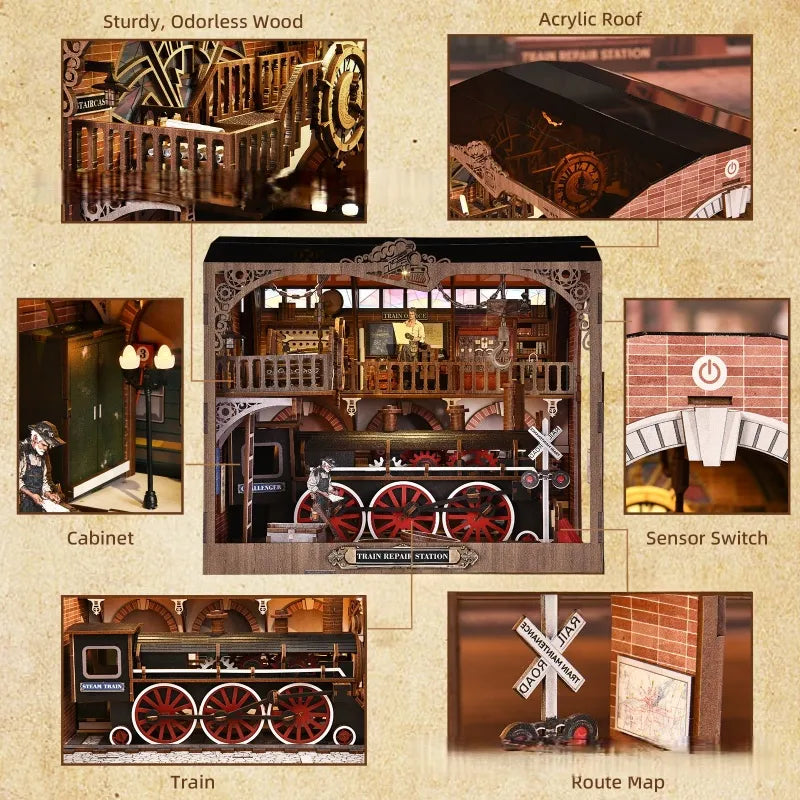 Close-up of the Book Nook - Train Repair Station with rich detailing