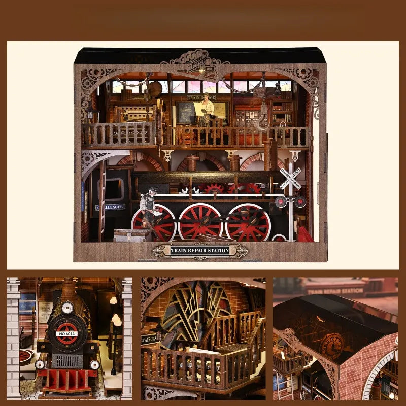 Close-up of the Book Nook - Train Repair Station with rich detailing