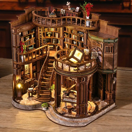 Top view of the Miniature House Kit - Qimeng Bookstore with detailed patterns and lighting