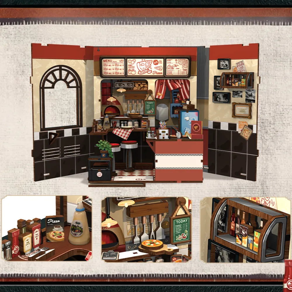 Close-up of the Miniature House Kit - Uncle Joe's Pizzeria with rich detailing
