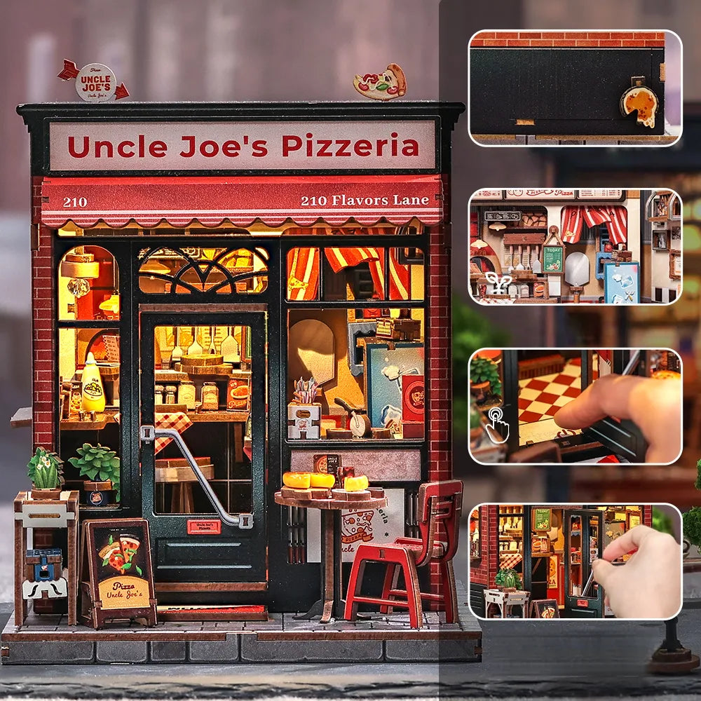 Close-up of the Miniature House Kit - Uncle Joe's Pizzeria with rich detailing