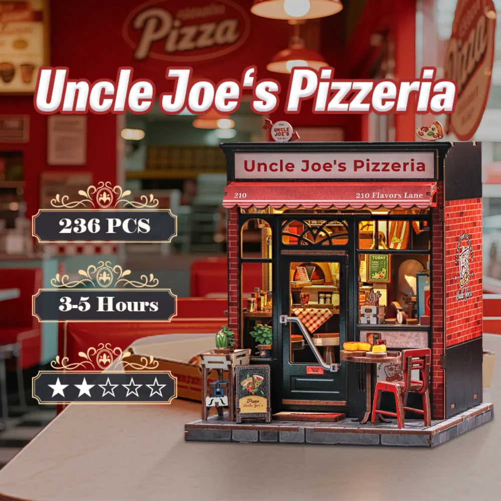 Close-up of the Miniature House Kit - Uncle Joe's Pizzeria with rich detailing