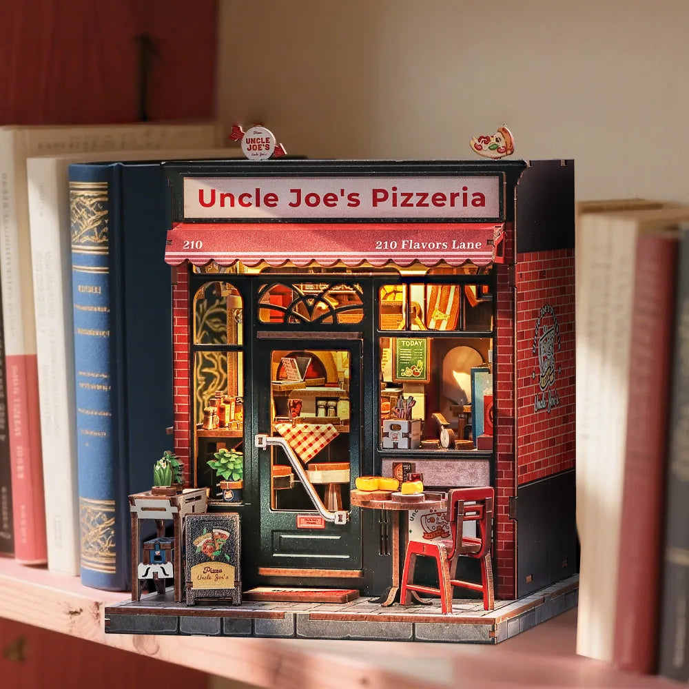 Miniature House Kit - Uncle Joe's Pizzeria decoratively placed on a desk