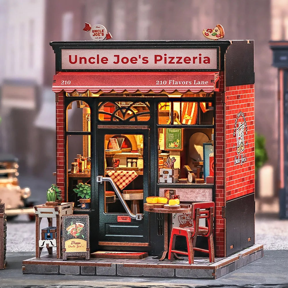 Side view of the Miniature House Kit - Uncle Joe's Pizzeria with clearly visible elements