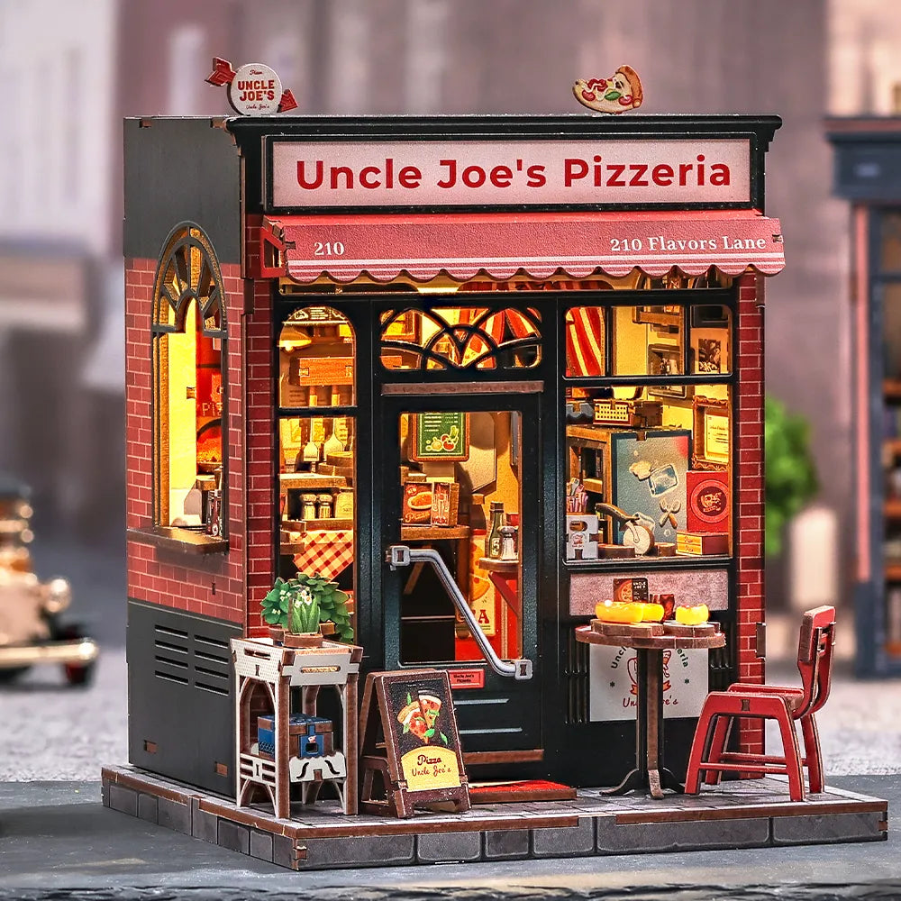 Side view of the Miniature House Kit - Uncle Joe's Pizzeria with clearly visible elements