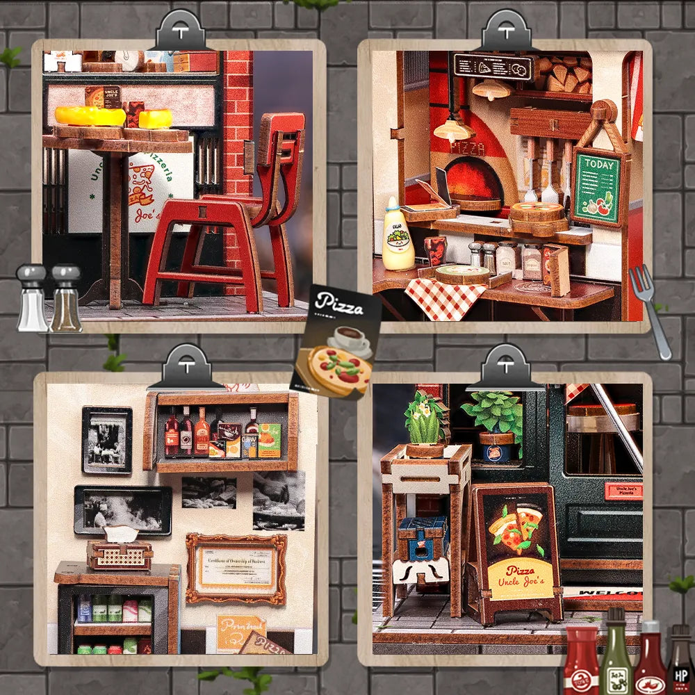 Close-up view of a decorative element in the Miniature House Kit - Uncle Joe's Pizzeria with fine details
