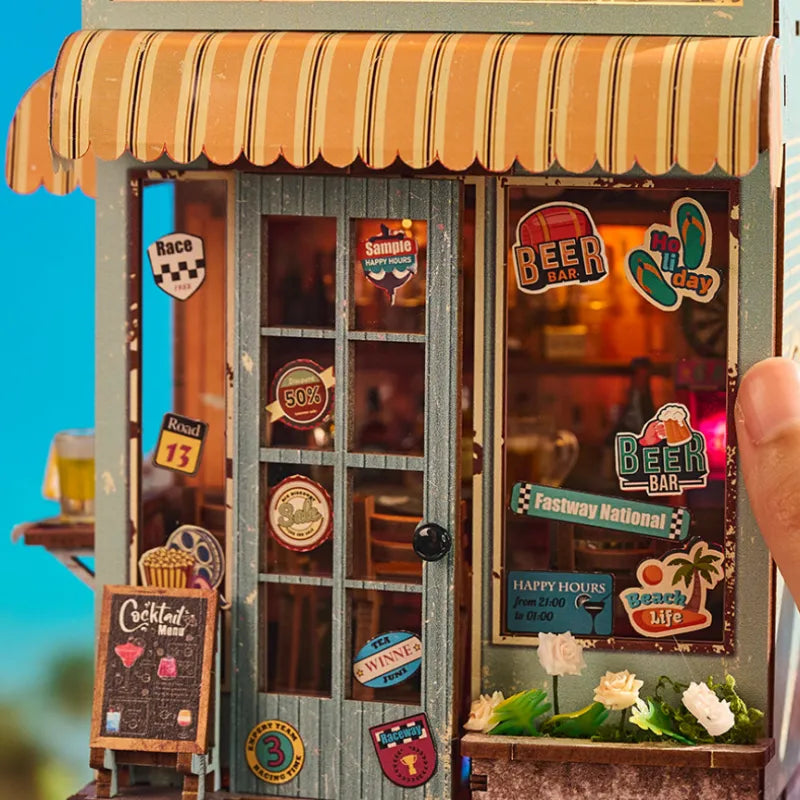 Close-up view of the Miniature Haus - The Last Drop with precisely cut wooden parts made of high-quality material