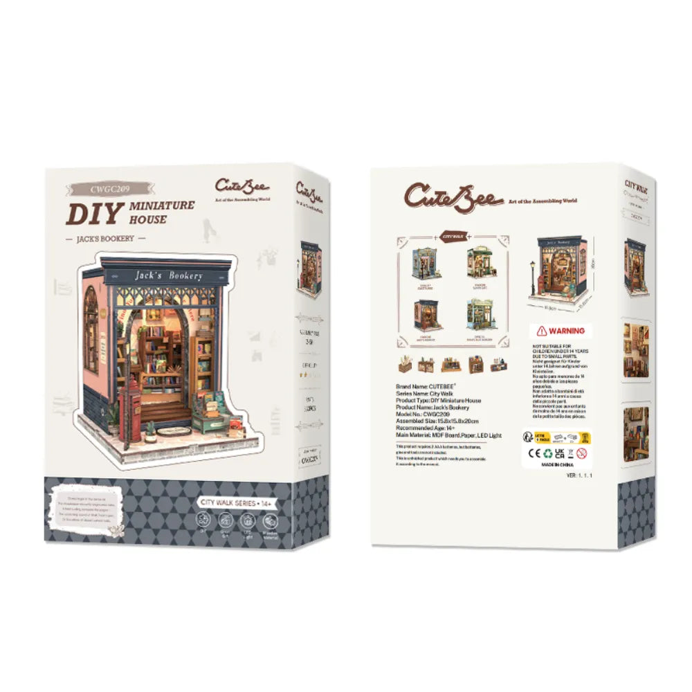 Miniature House Kit - Jack's Bookery overall view with precisely cut wooden parts and high-quality craftsmanship
