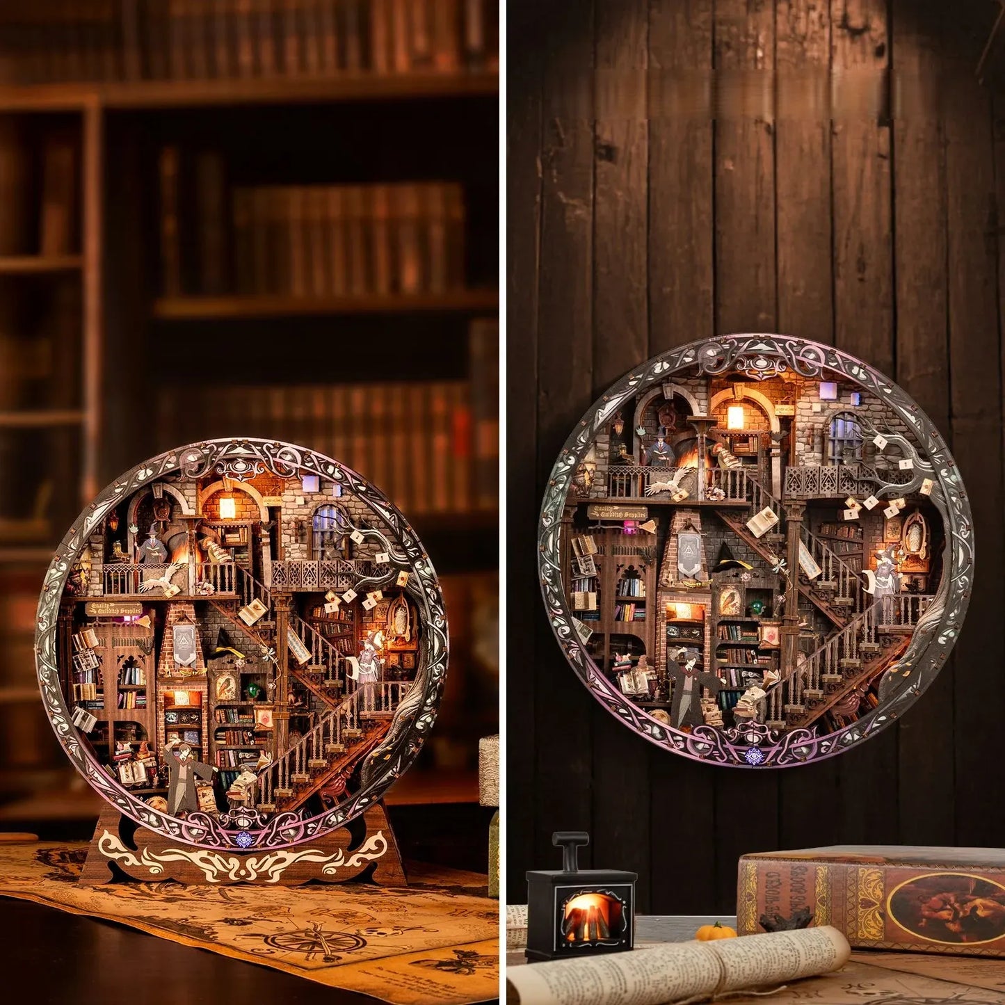 Round Diorama - Magic Library dekorativ auf einem Schreibtisch platziert