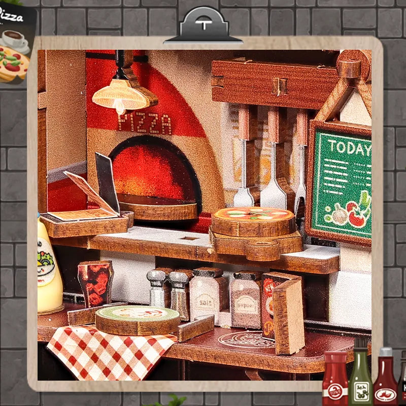 Close-up view of a decorative element in the Miniature House Kit - Uncle Joe's Pizzeria with fine details