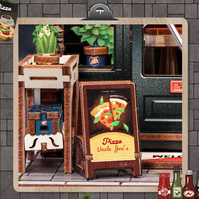 Close-up view of a decorative element in the Miniature House Kit - Uncle Joe's Pizzeria with fine details