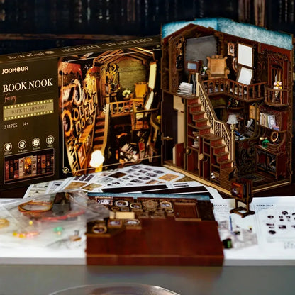 Close-up view of the Book Nook - Back To Memory with precisely cut wooden parts made of high-quality material