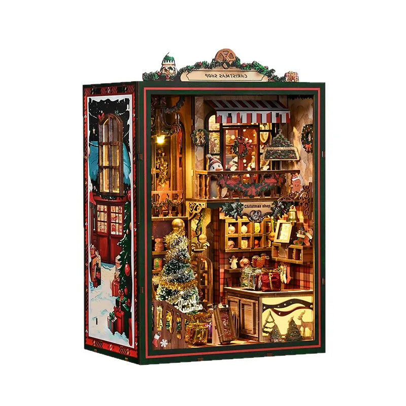 Book Nook - Christmas Shop overall view with precisely cut wooden parts and high-quality craftsmanship
