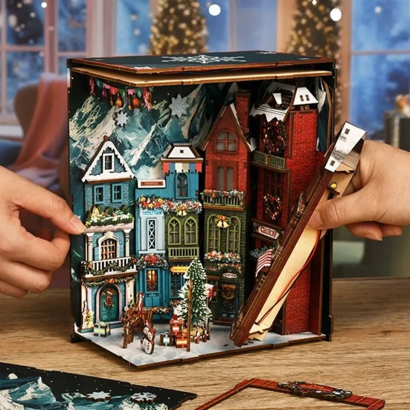 Close-up view of the Book Nook - Christmas Street Corner with precisely cut wooden parts made of high-quality material