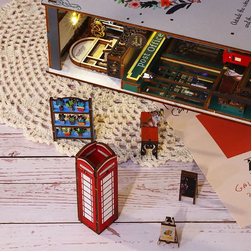 Close-up view of the Book Nook - Island Holiday with precisely cut wooden parts made of high-quality material