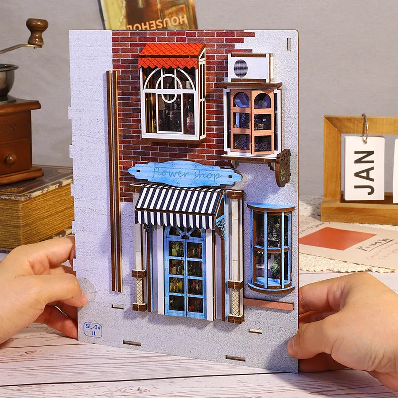 Close-up view of the Book Nook - Island Holiday with precisely cut wooden parts made of high-quality material
