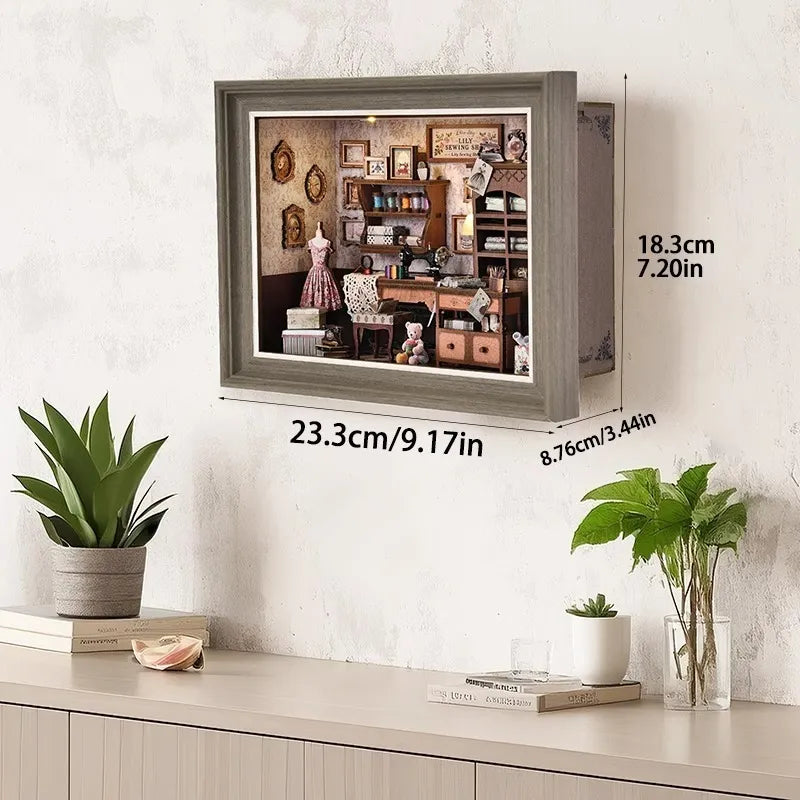 Book Nook Kit - Lily Sewing Shop with detailed dimensions