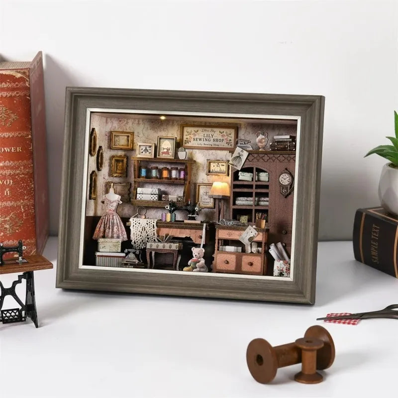 Book Nook Kit - Lily Sewing Shop overall view with detailed scenery