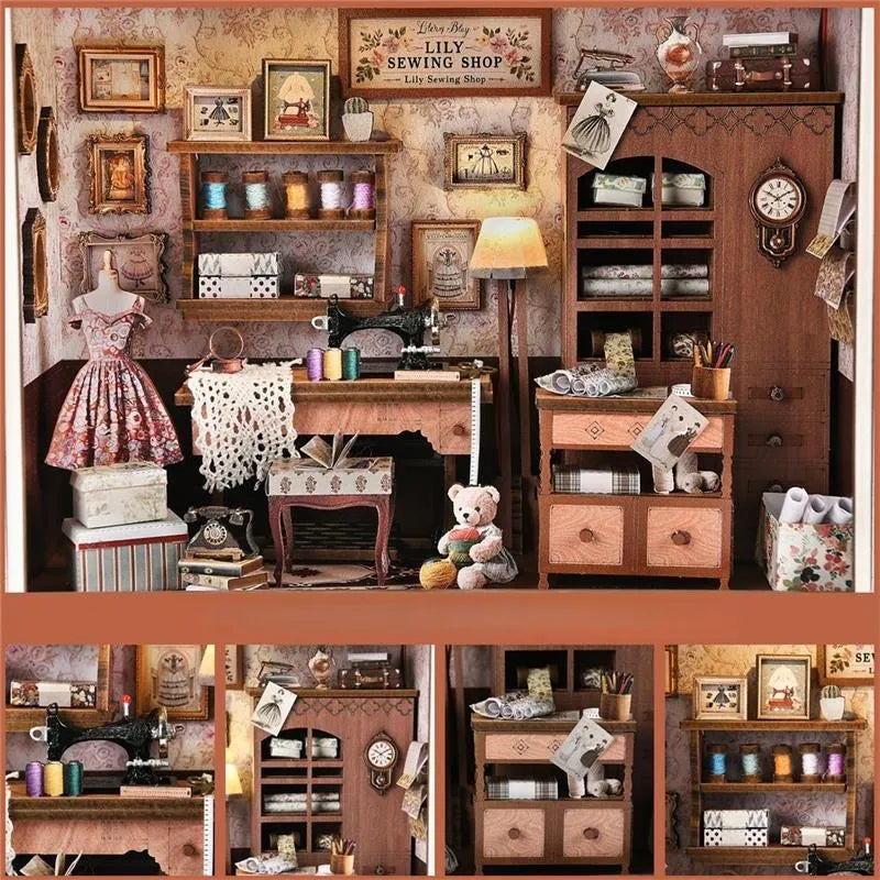 Close-up view of a decorative element in the Book Nook Kit - Lily Sewing Shop with fine details