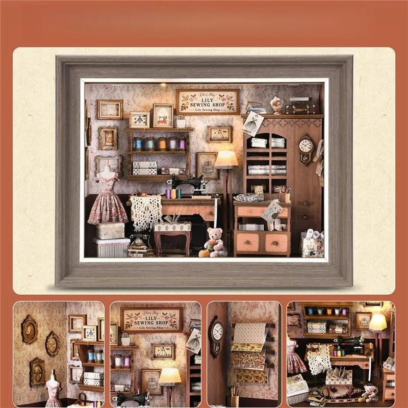 Close-up of the Book Nook Kit - Lily Sewing Shop with rich detailing