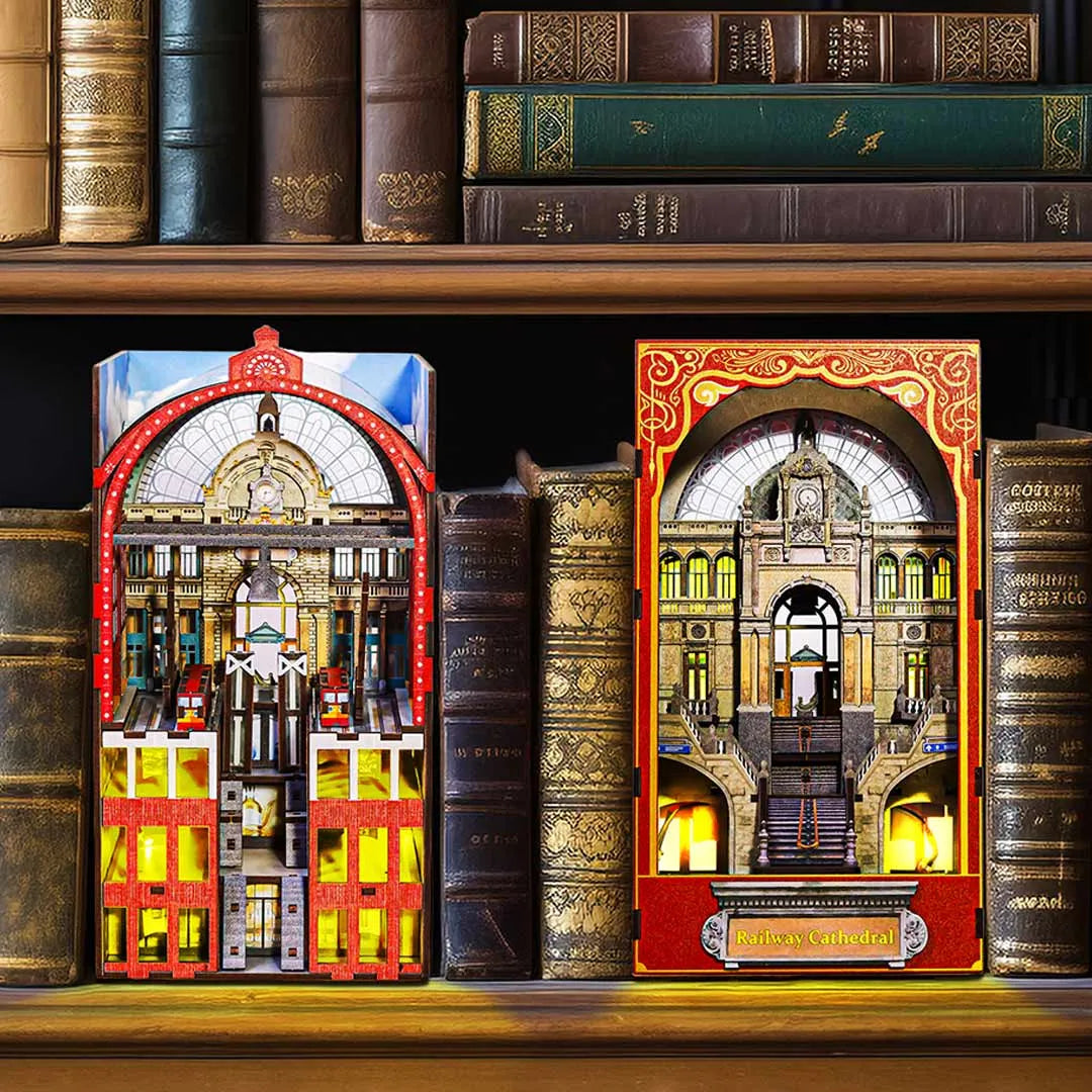 Railway Cathedral: Historical Bookshelf Art Wooden LED Book Nook Kit-CraftoyX