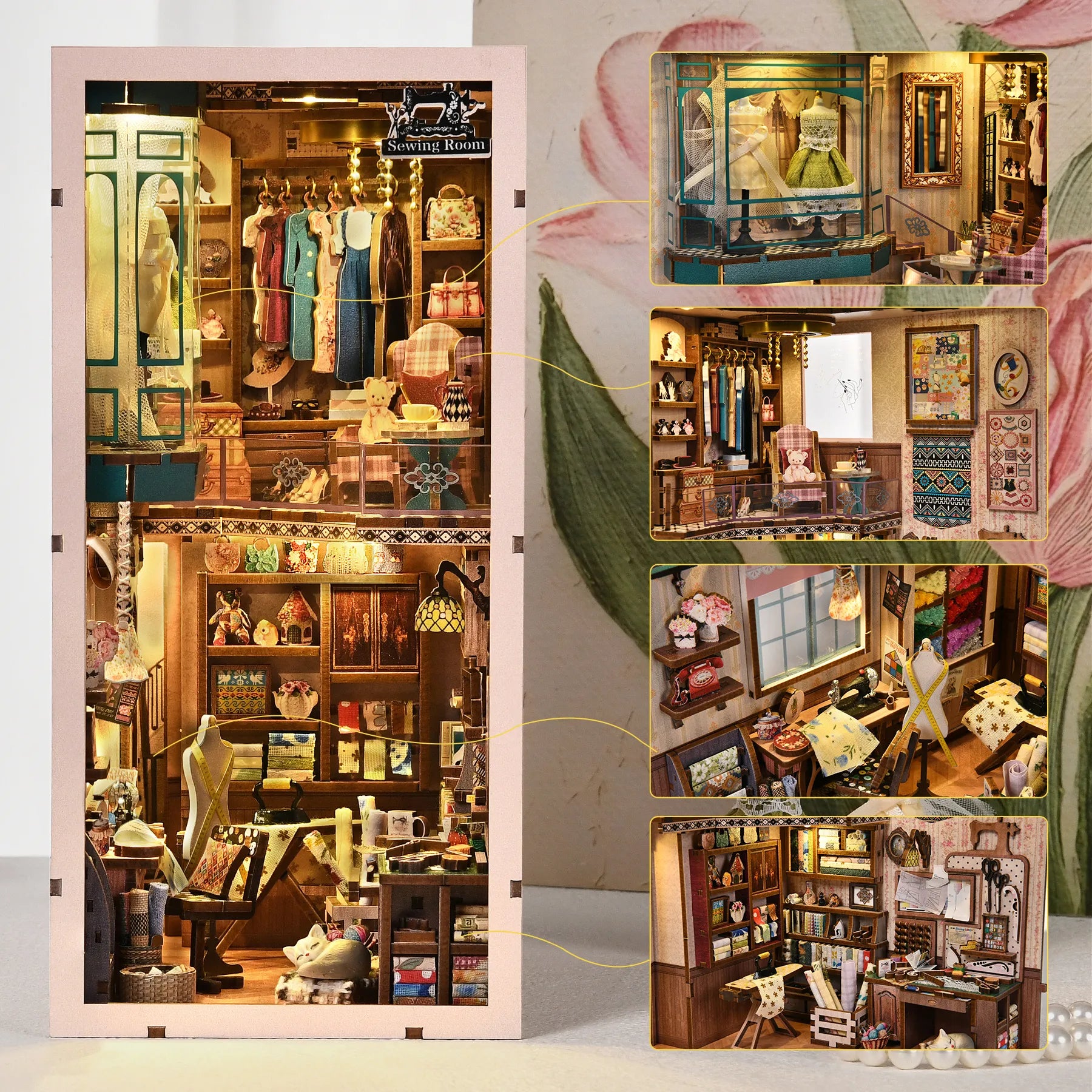 Nahaufnahme des Book Nook - Sewing Room mit reichhaltigen Details