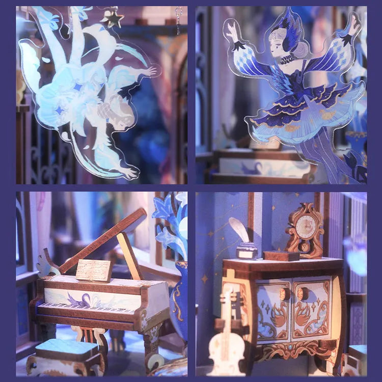 Swan Dream: Fantasy Built-in Music Box Bookshelf Art DIY Book Nook Kit-CraftoyX