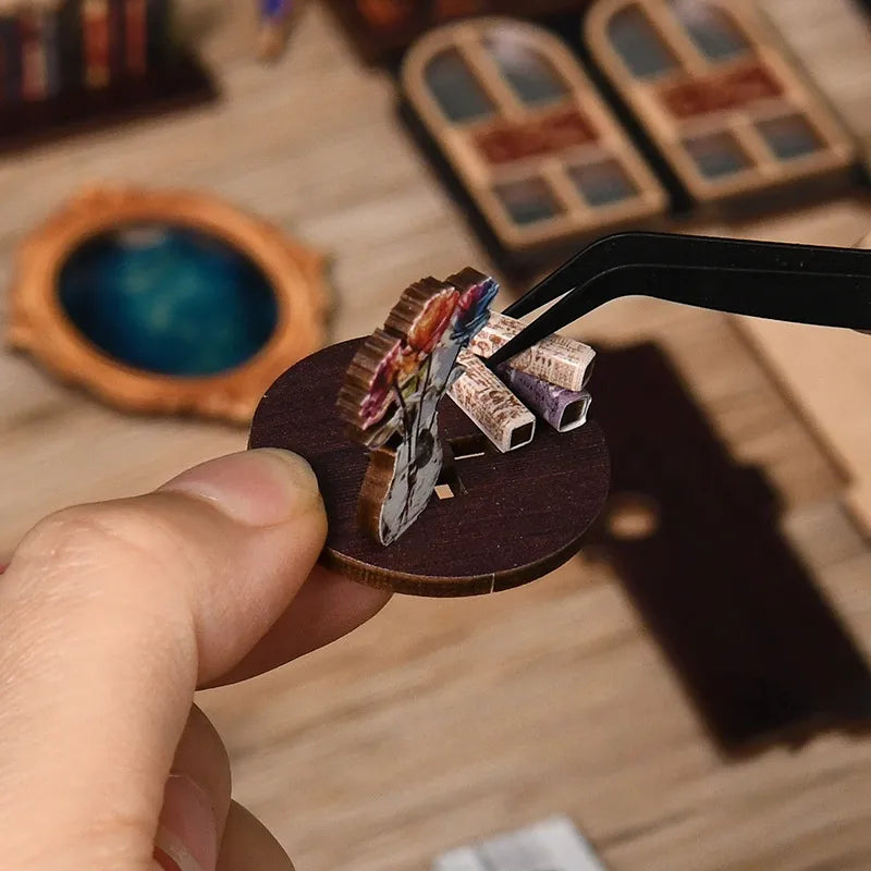 Close-up view of the Book Nook - The Realm Of The Magic Book with precisely cut wooden parts made of high-quality material