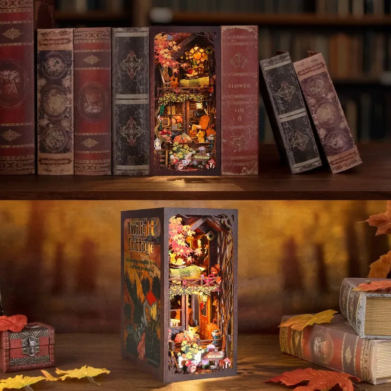 Book Nook Kit | Twilight Cottage decoratively placed on a desk