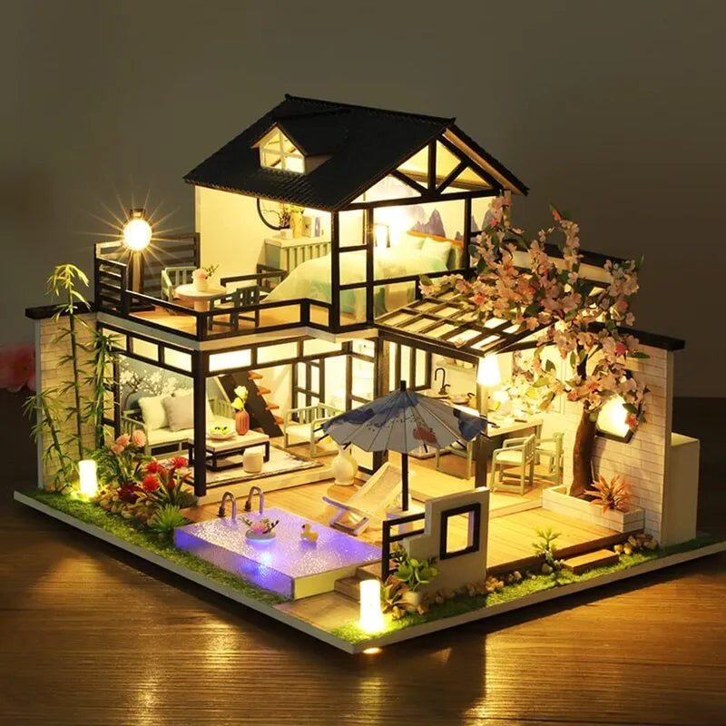 Mini Home DIY Miniature Pet Shop Kit Wooden Dollhouse With LED