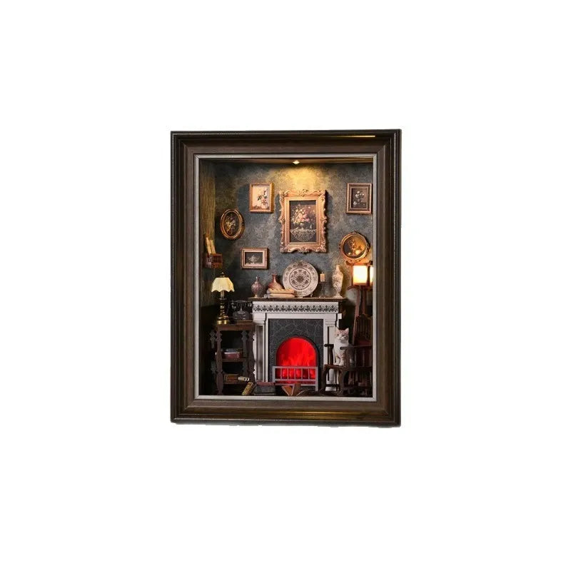 DIY 3D Photo Frame Kit – Fireplace House | Miniature Diorama overall view with precisely cut wooden parts and high-quality craftsmanship