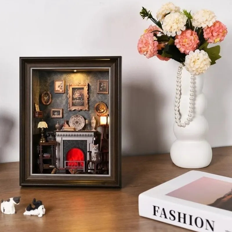DIY 3D Photo Frame Kit – Fireplace House | Miniature Diorama decoratively placed on a desk