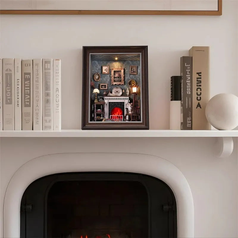 DIY 3D Photo Frame Kit – Fireplace House | Miniature Diorama decoratively placed on a desk