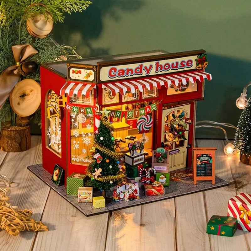 Top view of the Miniature House Kit - Candy House with detailed patterns and lighting