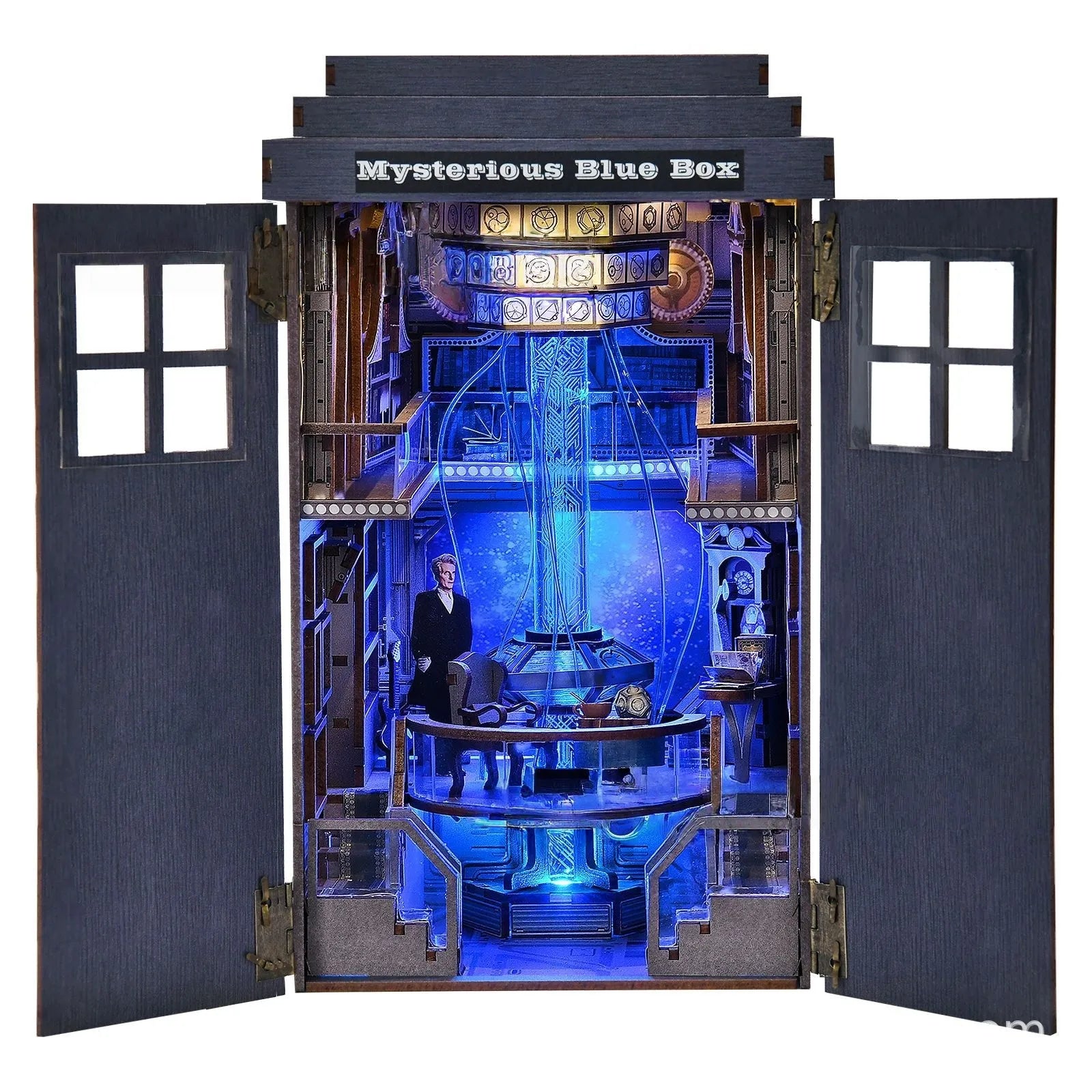 Miniature House Kit - Mysterious Blue Box overall view with precisely cut wooden parts and high-quality craftsmanship