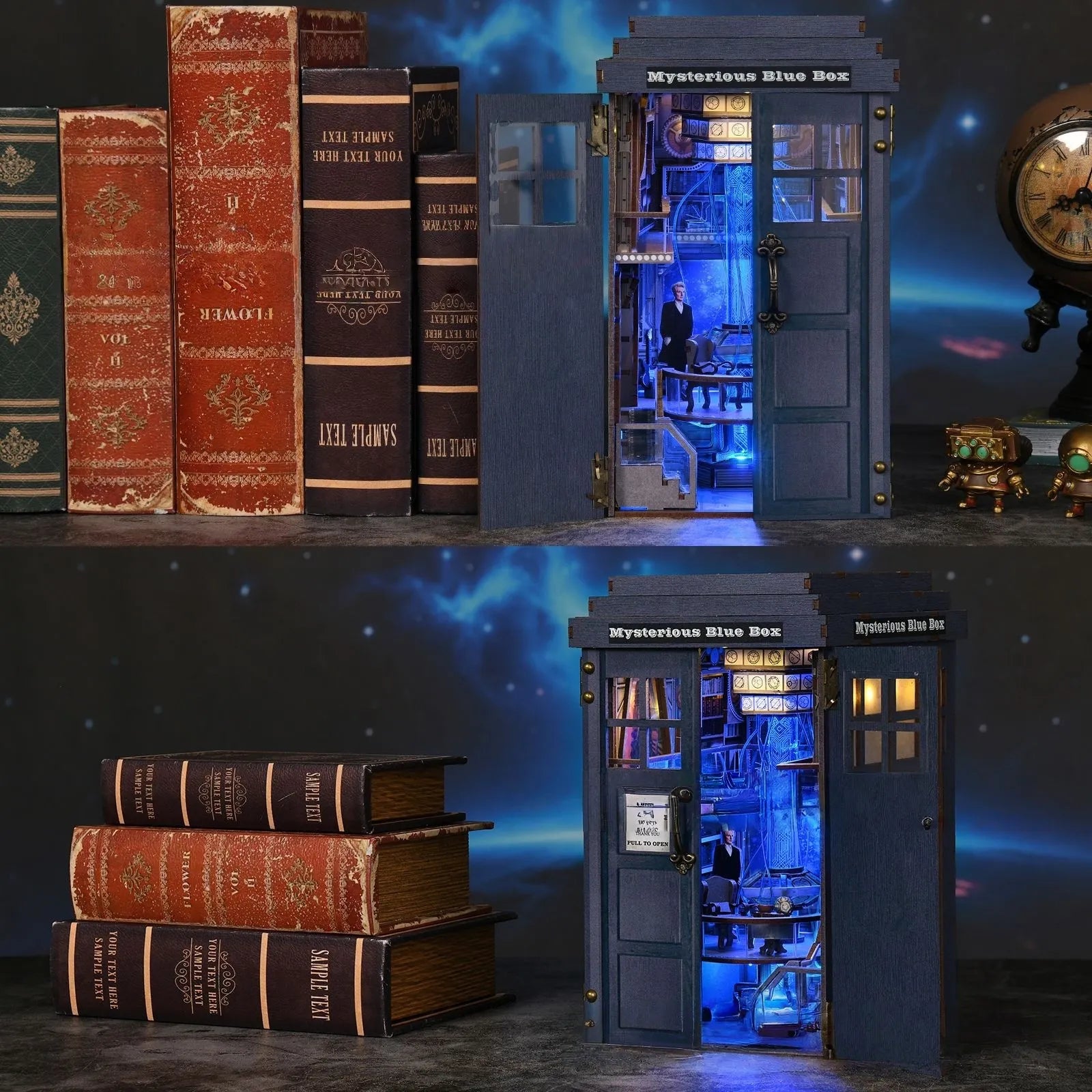 Miniature House Kit - Mysterious Blue Box decoratively placed on a desk
