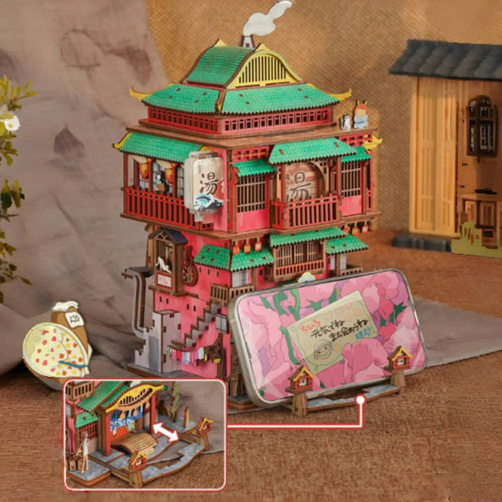 Nahaufnahme des Miniature House Kit - Onsen Saga mit reichhaltigen Details