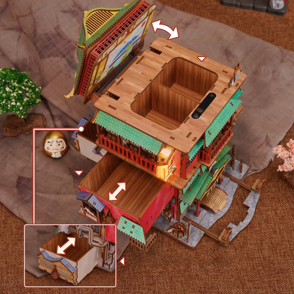 Nahaufnahme des Miniature House Kit - Onsen Saga mit reichhaltigen Details