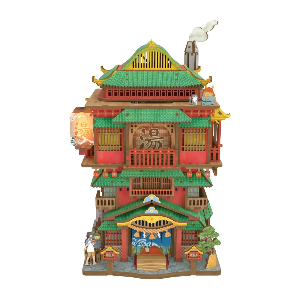 Miniature House Kit - Onsen Saga Gesamtansicht mit präzise geschnittenen Holzteilen und hochwertiger Verarbeitung