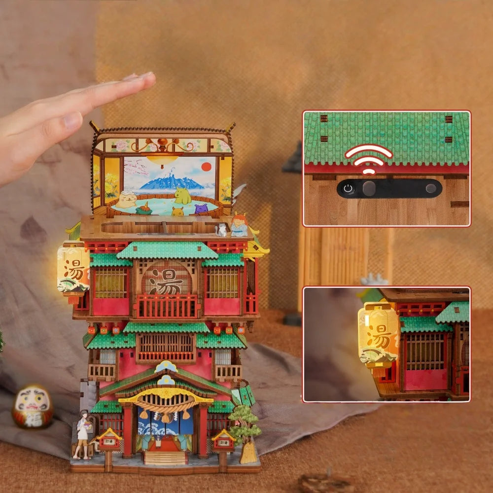 Nahaufnahme des Miniature House Kit - Onsen Saga mit reichhaltigen Details