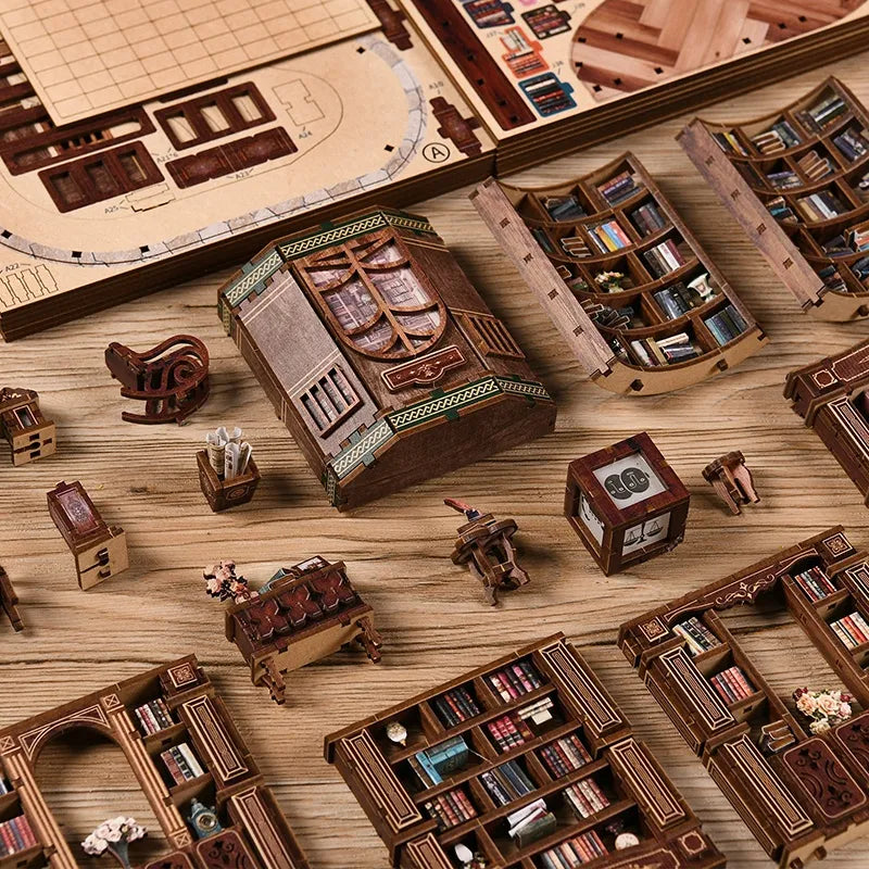 Close-up view of the Miniature House Kit - Qimeng Bookstore with precisely cut wooden parts made of high-quality material