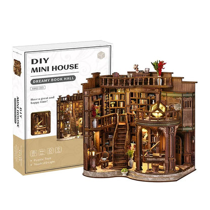 Miniature House Kit - Qimeng Bookstore overall view with precisely cut wooden parts and high-quality craftsmanship