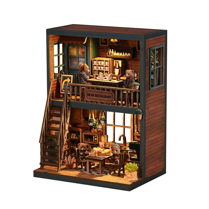 Miniature House Kit - Bear Restaurant overall view with precisely cut wooden parts and high-quality craftsmanship
