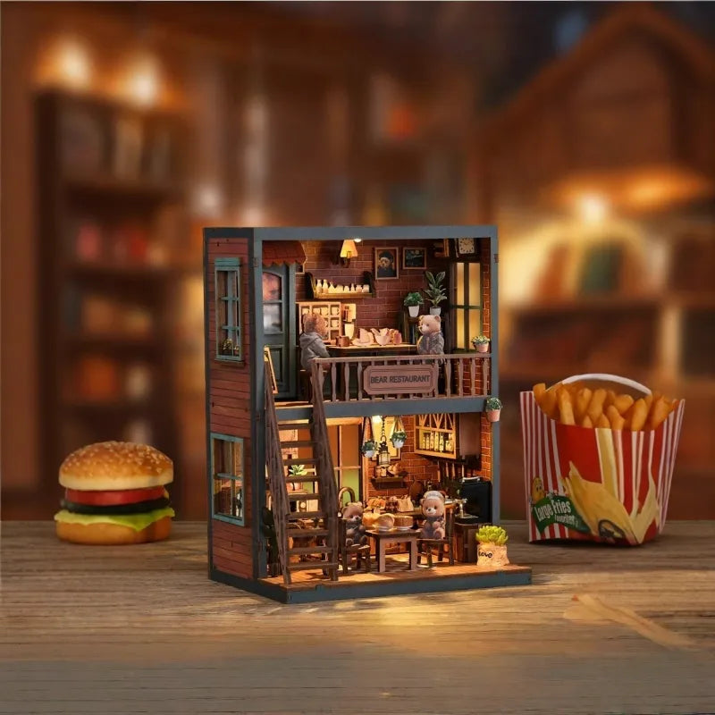 Side view of the Miniature House Kit - Bear Restaurant with clearly visible elements