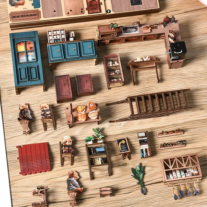 Close-up view of the Miniature House Kit - Bear Restaurant with precisely cut wooden parts made of high-quality material